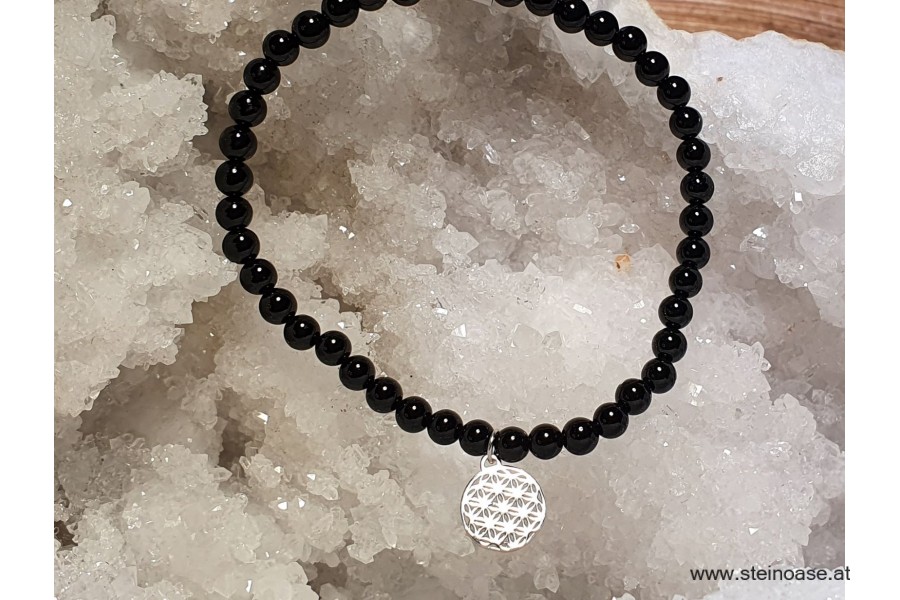 Armband Onyx + Blume Silber 